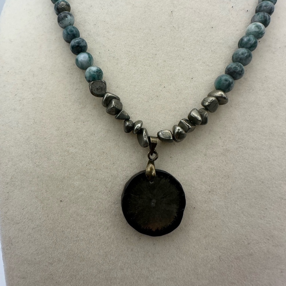 Pyrite and Jade Beaded Necklace with Pyrite Sun Pendant - Picture 9 of 12